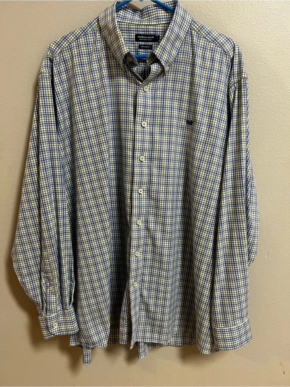 Southern Marsh Performance Shirt Men XL Blue Green Plaid Long Sleeve Button Down